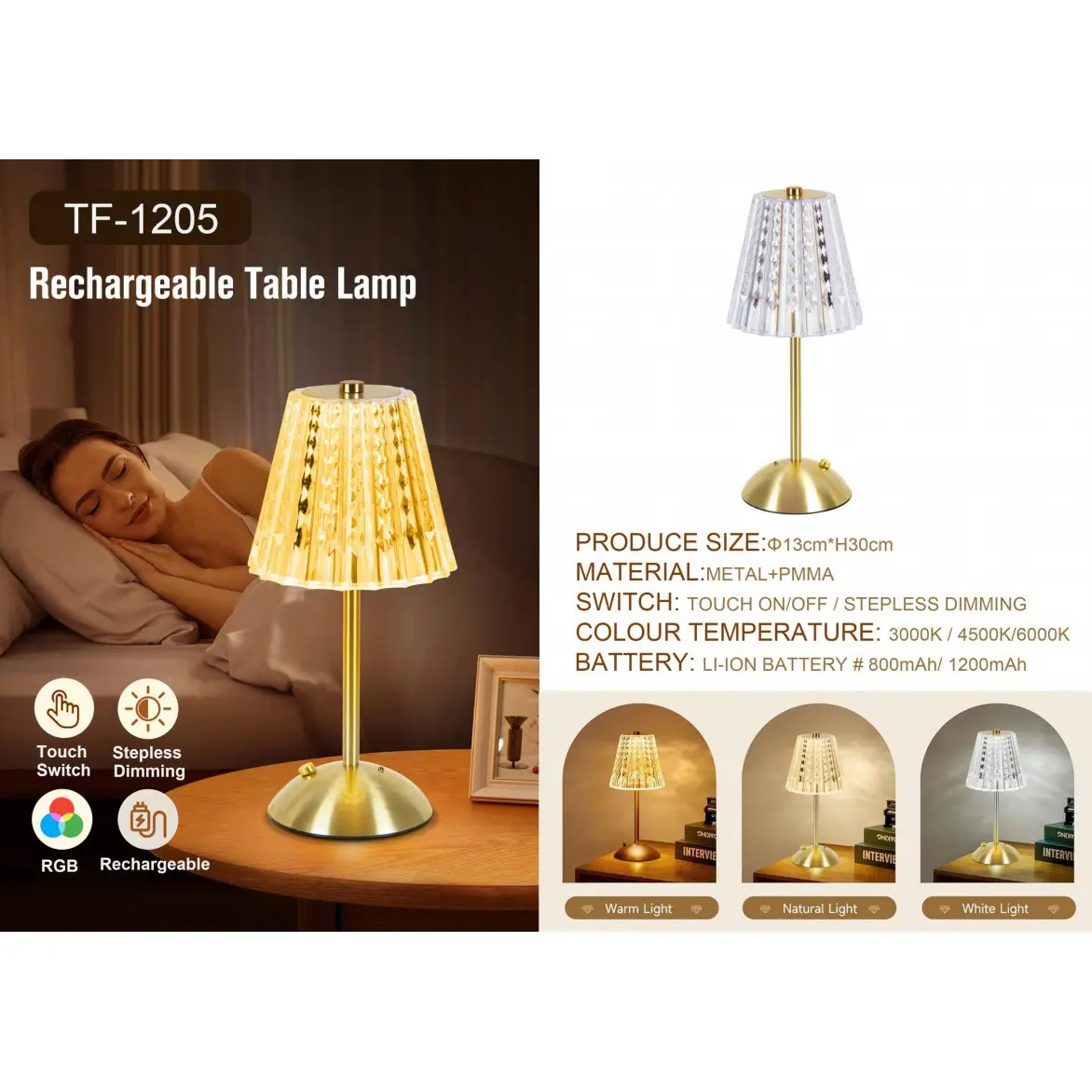 Cordless Lamp, Dimmable+3 Colors Touch Lamp